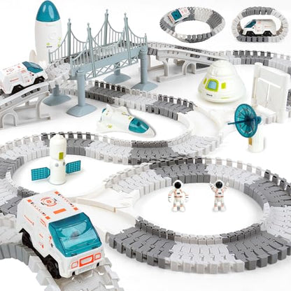 GIAT Race Car Tracks Set - Birthday Gift for 3 4 5 6 7 Year Old Boys, 290+ PCS Flexible Train Track Kit for Kids, Interactive Toy with Cars and Rocket - color: White Space Race Track Set