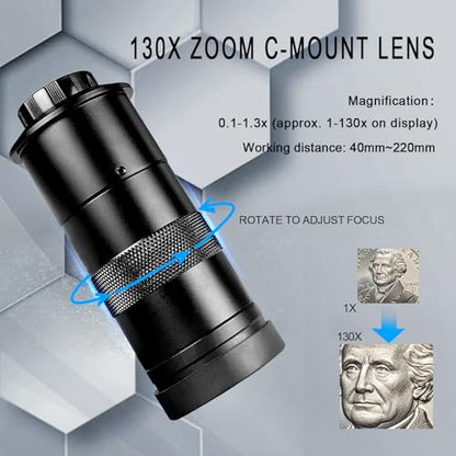 NICE-POWER Digital Microscope with Metal Base, 13MP 1080P HDMI VGA Industrial Microscope Magnifier, 130X Zoom C-Mount HD Lens, LED Ring Light, Soldering Electronic Repair Bench Microscopes - color: 130X-1080P (HDMI/VGA)-Red