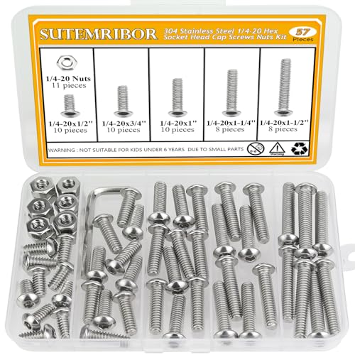 57 Pieces 1/4-20 x 1/2", 3/4", 1", 1-1/4", 1-1/2", Button Head Socket Cap Screws Nuts Assortment Kit - size: 1/4"-20, style: Button Head Socket Cap