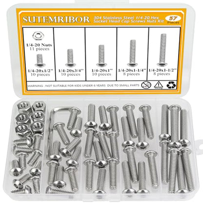57 Pieces 1/4-20 x 1/2", 3/4", 1", 1-1/4", 1-1/2", Button Head Socket Cap Screws Nuts Assortment Kit - size: 1/4"-20, style: Button Head Socket Cap