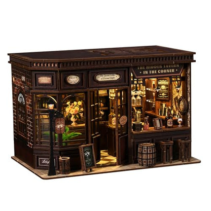 DIY Book Nook Kit LED 3D Wooden Puzzle — Aesthetic Miniature Bookshelf Insert Decor & Diorama Craft Building Kit for Adults, Teens & Home Library | Bookshelf Stand | (Corner Tavern)