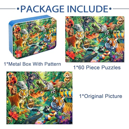 LELEMON Puzzles for Kids Ages 4-6, 60 Piece Puzzles for Kids in Metal Box - color: Jungle