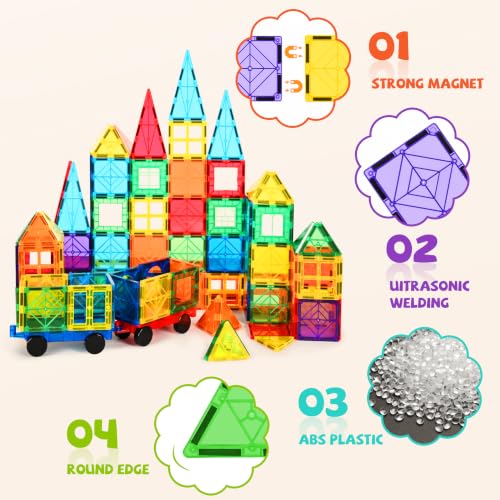 cossy 220Pcs Magnetic Tiles Magnetic 3D Building Blocks Set, Construction Toys for 3 4 5 6 7 8 Year Old Boy and Girl with Stronger Magnets, Educational Toys, Recreational, Conventional - size: 220 Pieces