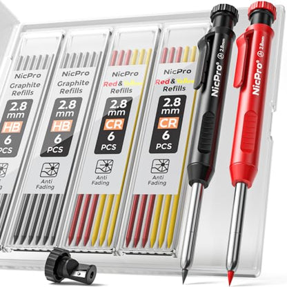Nicpro Carpenter Pencils with Sharpener, Mechanical Pencil for Construction - color: Black,Red, size: 2 Pack