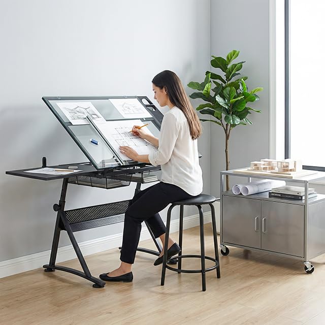 Magshion Drafting Table Adjustable Drawing Table w/Stool - color: Clear & Black