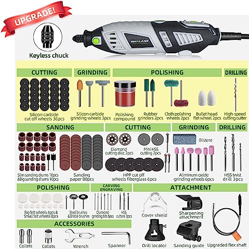 PHALANX 180W Rotary Tool Kit, 1.5-Amp 6 Variable Speed with Flex Shaft, 8000-35000RPM Rotary Multi-Tool& 213pcs Accessories Kit, Power Multiuse Set Prefect for Crafting Projects and DIY Creations - color: 213pcs Rotary Tool