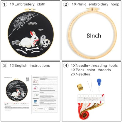 Halloween Embroidery Kits for Beginners Adults, Gothic Rabbit Embroidery DIY Kit, Halloween Cross Stitch Kits Needlepoint Kits for Beginners Adults Woman Gifts, Embroidery Hoop, Thread, Video Tutorial - color: H2123