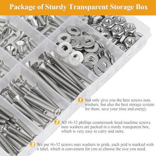 244 Pieces #6-32 x 1/4", 5/16", 3/8", 1/2", 5/8", 3/4", 1", 1-1/4", Phillips Countersunk Head Machine Screws Nuts Washers Assortment Kit - size: #6-32, style: Phillips Countersunk Head