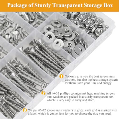 244 Pieces #6-32 x 1/4", 5/16", 3/8", 1/2", 5/8", 3/4", 1", 1-1/4", Phillips Countersunk Head Machine Screws Nuts Washers Assortment Kit - size: #6-32, style: Phillips Countersunk Head