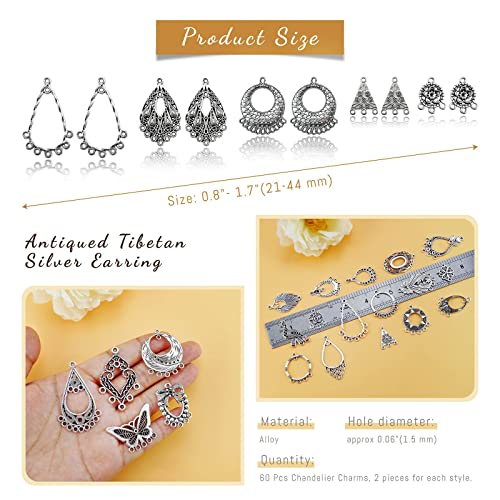JIALEEY Antiqued Tibetan Silver Earring Chandelier Earring Jewelry Making Kit for Earring Drop and Charm Pendant Assorted Pack (30Pair 60Pcs)