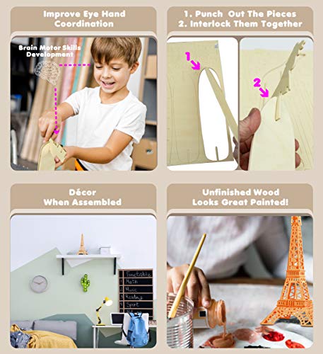 Puzzled 3D Puzzle Eiffel Tower Wood Craft Construction Kit, 52 Pieces Pack