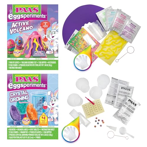 PAAS Easter Egg Decorating Bundle, Includes 1 Active Volcano Eggsperiment Kit, 1 Crystal Growing Eggsperiment Kit, Easter STEM kit, Food Safe Dye (2 Piece Bundle) - color: Multi