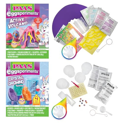 PAAS Easter Egg Decorating Bundle, Includes 1 Active Volcano Eggsperiment Kit, 1 Crystal Growing Eggsperiment Kit, Easter STEM kit, Food Safe Dye (2 Piece Bundle) - color: Multi