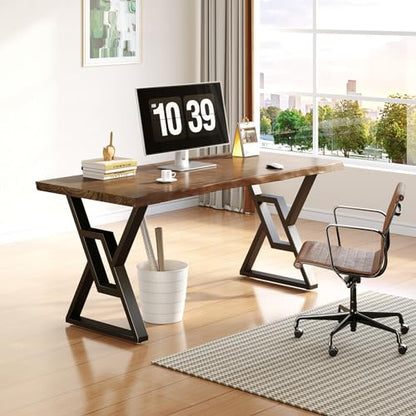 55 Inch Real Wood Desk for Home Office, Solid Pine Writing Desk with Natural Live Edge, Rustic Computer Desk with Industrial Metal Legs, Large Workstation Table for Study, Gaming and Dining - size: YC-2