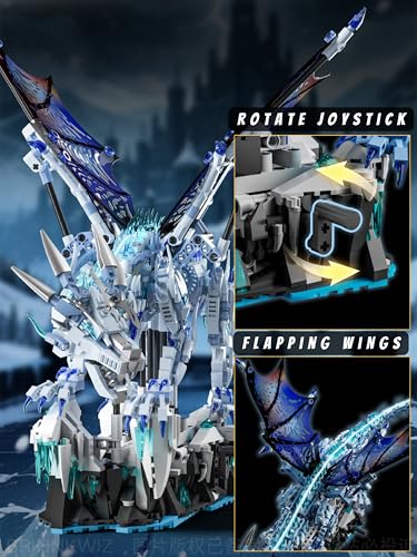 Mechanical Ice Dragon Building Set, 1646 Pieces Large Fantasy Model Kit with Articulated Flapping Wings, Blue Mythical Creature Decor for TV Series Fans Compatible with Major Brands