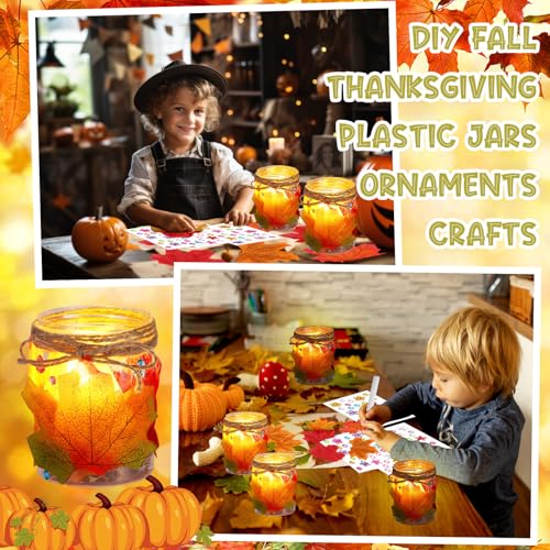 113 Pcs 24 Sets Thanksgiving Craft Kits DIY Plastic Mason Jar Maple Leaf Table Centerpieces Thanksgiving Fall Table Decor Autumn Classroom Activities with Stickers Rope Glue Raffia Grass - style: Maple Leaf