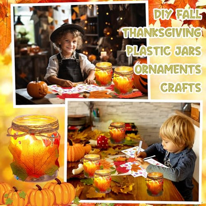 113 Pcs 24 Sets Thanksgiving Craft Kits DIY Plastic Mason Jar Maple Leaf Table Centerpieces Thanksgiving Fall Table Decor Autumn Classroom Activities with Stickers Rope Glue Raffia Grass - style: Maple Leaf