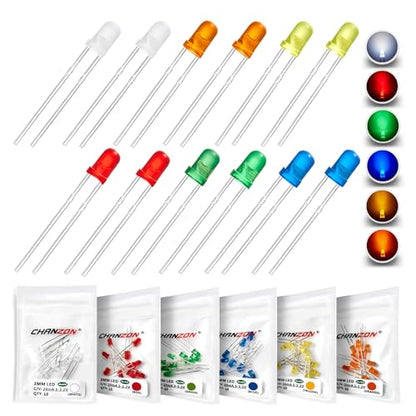 CHANZON 60 pcs(6 Colors x 10 pcs) 3mm LED Diode Lights Assored Kit Pack (Diffused Round DC 3V 20mA) Lighting Bulb Lamps Electronics Components 3 mm Light Emitting Diodes Parts - color: A) 6 Colors X 10pcs = 60pcs