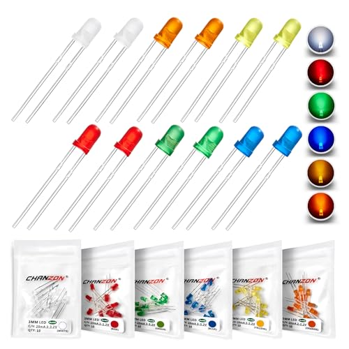 CHANZON 60 pcs(6 Colors x 10 pcs) 3mm LED Diode Lights Assored Kit Pack (Diffused Round DC 3V 20mA) Lighting Bulb Lamps Electronics Components 3 mm Light Emitting Diodes Parts - color: A) 6 Colors X 10pcs = 60pcs