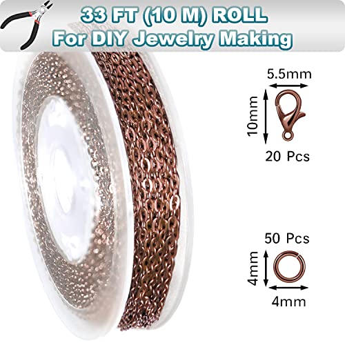 Jishi 33ft Link Cable Chain Roll 2mm, Red Copper Chain for Jewelry Making Necklace Earring Bracelet DIY Craft Jewelry Making Findings Supplies, Copper Plated Iron Metal Rolo Necklace Chain Spool Set - color: Copper, size: Cable Chain 33ft 2.0mm