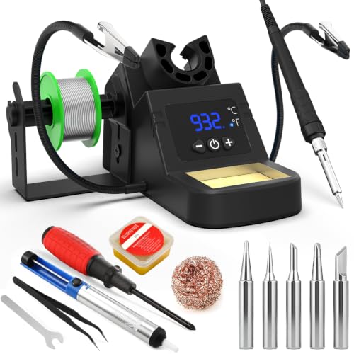 Soldering Station, 130W Digital Display Soldering Iron Station Kit with 2 Helping Hands, 356°F-932°F, Auto Sleep, Solder Wire, 5 Tips, Solder Sucker, Sponge, Tweezers, Tip Cleaner, Black