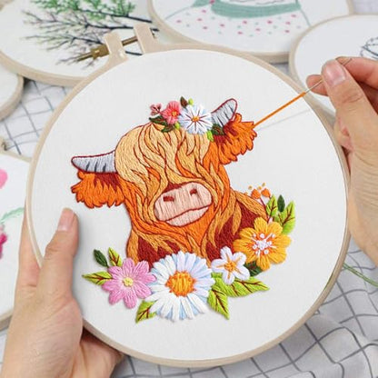 Louise Maelys 3 Set Highland Cow Embroidery Kit for Beginners Floral - color: highland cows