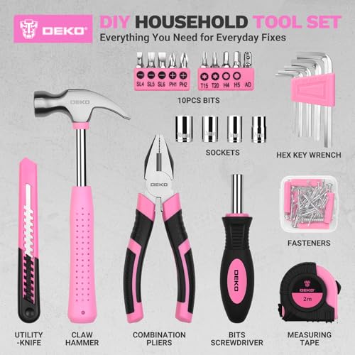 DEKOPRO 94 Piece Pink Tool Set, Household DIY Tool Kit for Women with Storage Toolbox, Small Basic Hand Tool Box Set for Home Repair, DIY, Apartment, Office - color: Pink