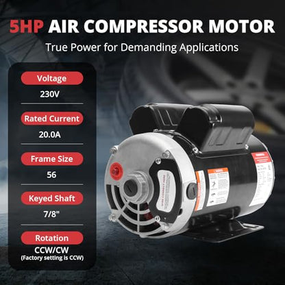 5 HP Electric Motor, 230V Single Phase, 3450 RPM, 56 Frame, 7/8" Keyed Shaft, 20 Amp, Alloy Steel, CW/CCW Rotation (5HP)