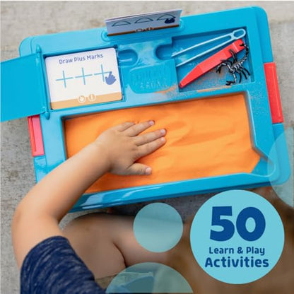 Chuckle & Roar 2-in-1 Seek & Write Sensory Bin – Montessori Tactile Learning Activity Set with Sand Writing Lid, 50 Activities, Tools & Storage Bin for Kids Ages 3-6+