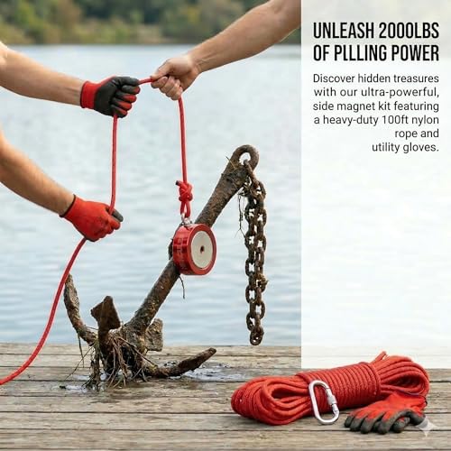 2000 lbs Double Sided Fishing Magnet Kit, Heavy Duty Fishing Kit with 100ft Rope and Carabiner, Super Strong River and Lake Magnet, Great Gift, Outdoor Adventurers Gift - style: 2000 LBS Double Side Magnet Kit