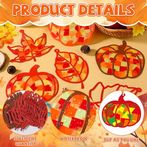 Qyeahkj 36 Set Fall Suncatchers Crafts for DIY Autumn Window Tissue Paper Crafts Kit Maple Leaves Pumpkin Hanging Decor for Thanksgiving Home Activity Art Project Birthday Party Favor Gift - style: Maple Leaves Pumpkin