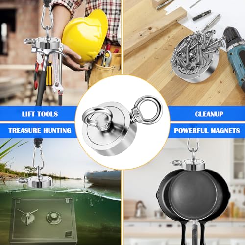 VNDUEEY 760LBS Magnet Fishing Kit, 2.36" Double Hole Fishing Magnet Kit with Rope, Strong Magnets for Retrieving in River Lake Beach and Lawn, Includes 65Ft Rope, Carabiner, Gloves, Grappling Hook - size: 2.36" 760LBS, style: Double Hole Kit