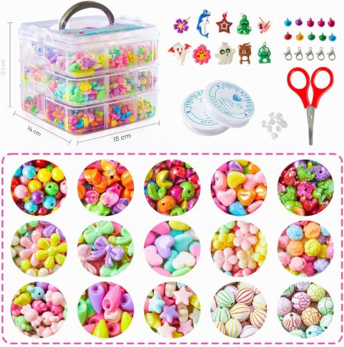 Beads for Kids Crafts, 1100 Jewelry Making Kit Includes Scissor, String, Instruction and Accessories for Bracelet Making, Toys for Girls by Inscraft