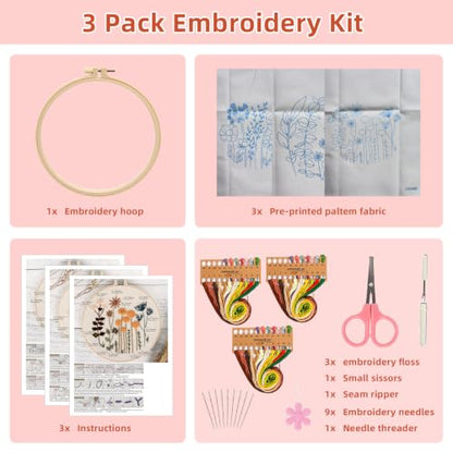 Herdiese Embroidery Kit for Beginners & Adults, 3 Floral Patterns & Hoop - color: Flower-E (3 Pack)