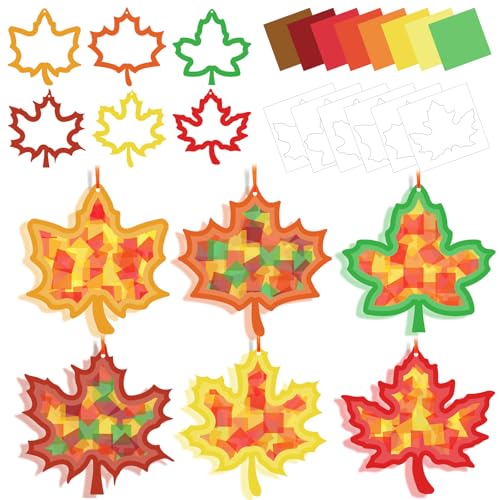 Kepeel Fall Suncatcher Craft Kit, 42 Packs Leaf Tissue Paper Crafts