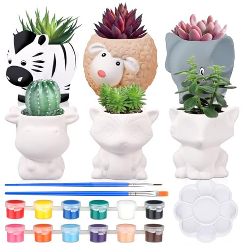 Beeveer 6 Sets Paint Your Own Animal Shaped Succulent Planter Spring Mini Unpainted Flower Pots Cartoon DIY Paintable Kit for Kids Classroom Craft Project Activity Birthday Gift - style: Cute Animal