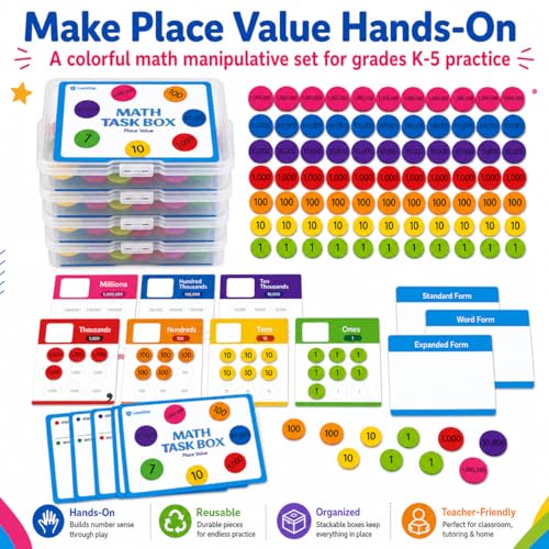 Math Task Box Place Value Manipulative Set, 5 Boxes Packs