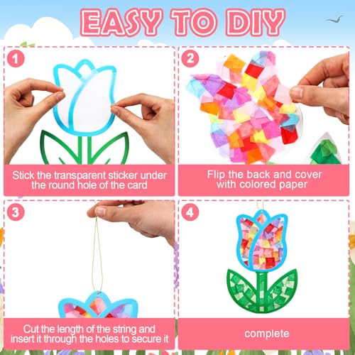 DoubleFill 48 Pcs Tulips Suncatchers Kits DIY Summer Stained Glass Effect Tissue Paper Kits Bulk for Window Decor Ornament Home Art Activities - style: Tulips