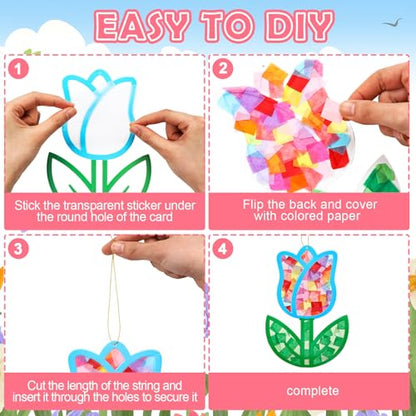 DoubleFill 48 Pcs Tulips Suncatchers Kits DIY Summer Stained Glass Effect Tissue Paper Kits Bulk for Window Decor Ornament Home Art Activities - style: Tulips