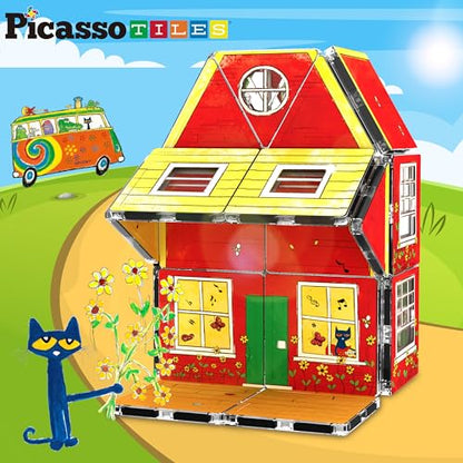 PicassoTiles Magnetic Tiles Pete the Cat Home Theme Building Blocks Double Sided Printing Toddler Magnet Toys Education STEM Learning Kit Construction Brain Development Preschool Kid Game Boy Girl 3+ - style: Pete the Cat Double House