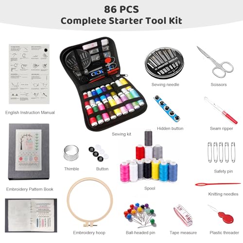 Vipxsa Embroidery Stitch Book Kit for Beginners, 138 Patterns with Embroidery Hoop & 87 PCS Tools, Portable Loose-Leaf Beginner Embroidery Kit Hand Embroidery Starter Kit for Adults DIY Craft Lovers