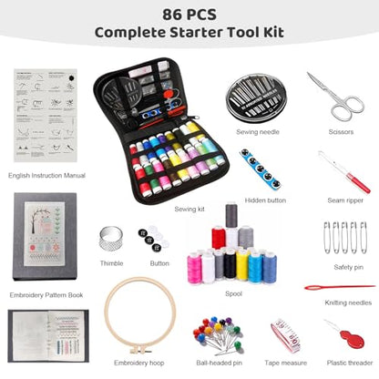 Vipxsa Embroidery Stitch Book Kit for Beginners, 138 Patterns with Embroidery Hoop & 87 PCS Tools, Portable Loose-Leaf Beginner Embroidery Kit Hand Embroidery Starter Kit for Adults DIY Craft Lovers
