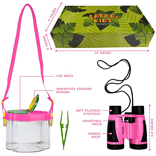 Safari Kidz Outdoor Adventure Sets - Green and Pink, Exploration Costume with Vest, Hat, Binoculars, Bug Net and Container, Whistle, Flashlight, Magnifying Glass, Bundle (14 items)