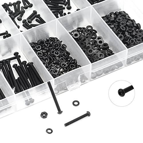HELIFOUNER 560 Pieces M2.5 x 4mm /6mm /8mm /10mm /12mm /16mm /20mm, Button Head Socket Cap Screws Bolts Washers Nuts Kit, 10.9 Grade Alloy Steel, Full Threaded, Black - size: M2.5, style: Button Head
