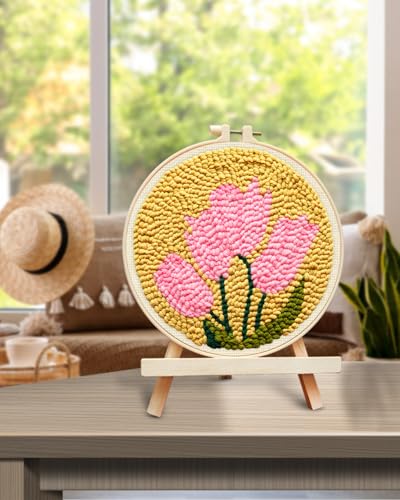 TINDTOP Punch Needle Embroidery Kits, Tulip Punch Needle Kits for Adults Beginner, Tool with Punch Needle Fabric, Hoops, Yarns and Sewing Needles - color: Pink Tulip