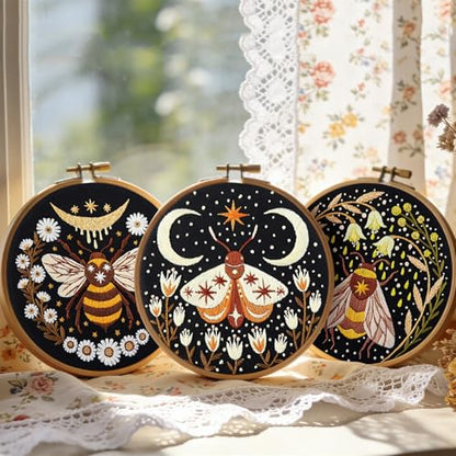 Hand Embroidery Starter Kits for Beginners Adults, Counted Stamped Cross Stitch Kit for Beginners Adults, Embroidery Needlepoint Kit with Moth Flower Pattern, 3 Hoops (Attached Teaching Video QR Code) - color: Moth