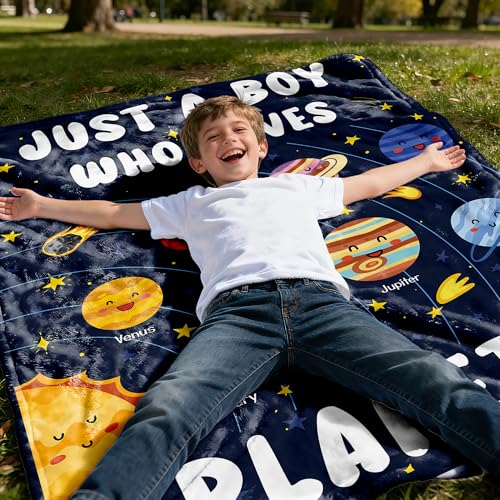Just A Boy Who Loves Planets Solar System Space Throw Blanket Fannel Fleece Super Soft Funny Blanket Travel Throw Blanket for Bed Couch Sofa 60 x 50 Inch for Teen - color: Just a Boy Who Loves Planets Solar System Space, size: 60x50 In for Teen
