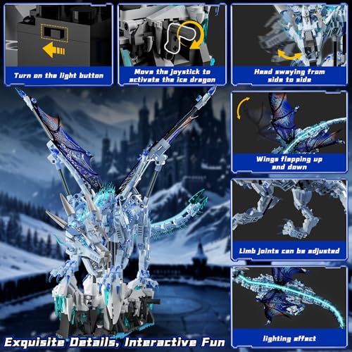 OWNONE 1 Mechanical Ice Dragon Building Block Set with LED Light & Movable Head, Wings and Limbs, Fantasy Dragon Model Kit for Home & Office Decor, Birthday for Teens & Adults & Kids (1646 PCS)