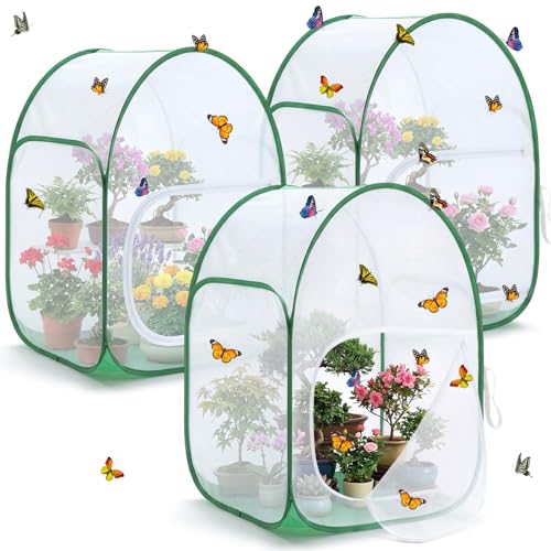 3 Pack 36" Large Monarch Butterfly Habitat Giant Collapsible Insect and Butterfly Mesh Habitat Cage Pop-up Caterpillar Growing Mesh Cage Terrarium, Side Door Design, Transparent Window Panel