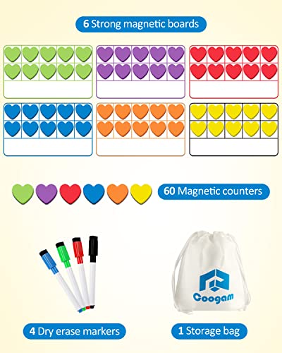 Coogam Magnetic Ten Frame Set, Math Manipulative Games for Kids with 6 Ten Frames 60 Magnetic Math Counters, Montessori Educational Toy Gift for Preschool Kindergarten 3 4 5 Year Old Toddlers - style: love shape
